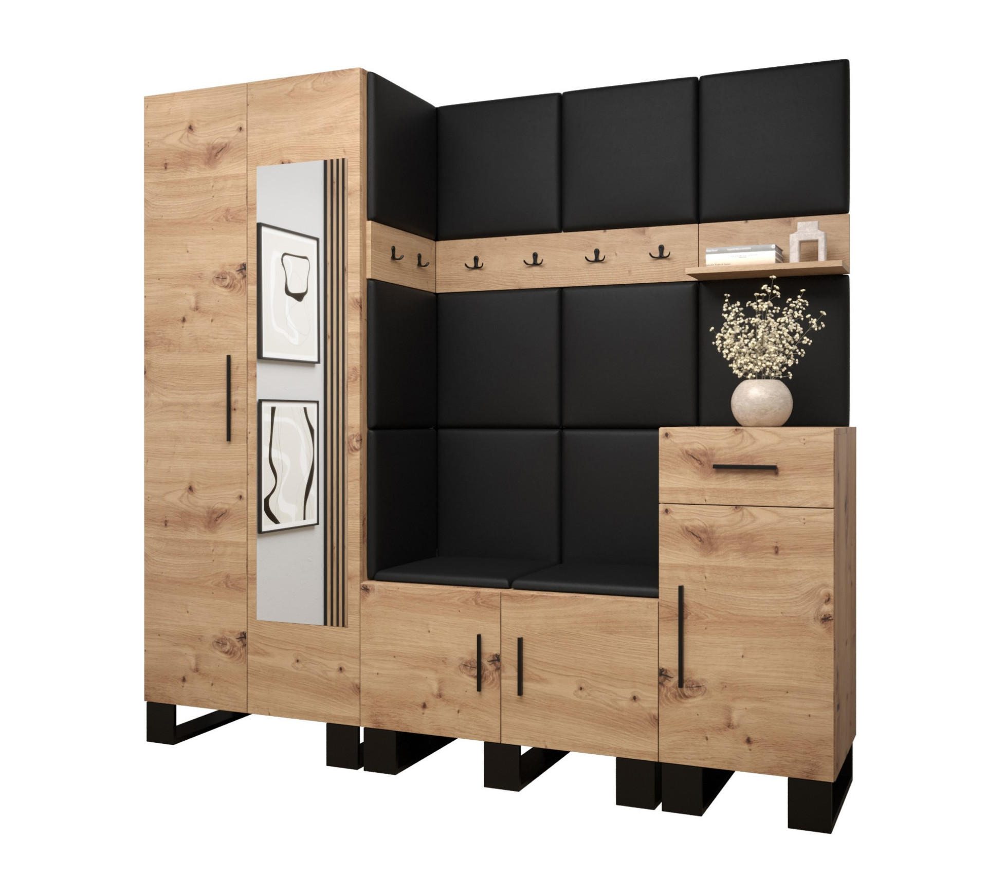 Abiks Möbel Garderoben-Set Eiche Artisan, Schwarz 200x196x45.6 cm