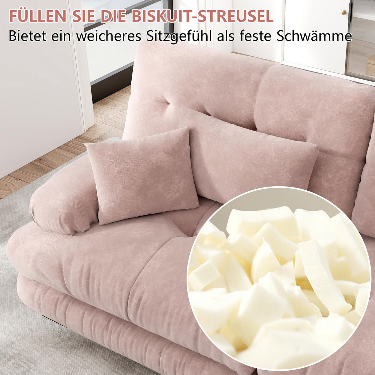 WOHNLANDSCHAFT in Rosa aus Chenille mit Ottomane und tiefem Sitz - Pink, Textil (145/81/313cm) - Flora Grace