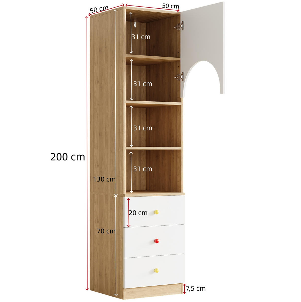 KLEIDERSCHRANK-SET aus MDF 80x45x200 cm und 50x50x200 cm Weiß/Natur mit Schubladen, Regal und Anti-Kipp-Schutz - Weiß, Holzwerkstoff (130/200/50cm) - Modfu