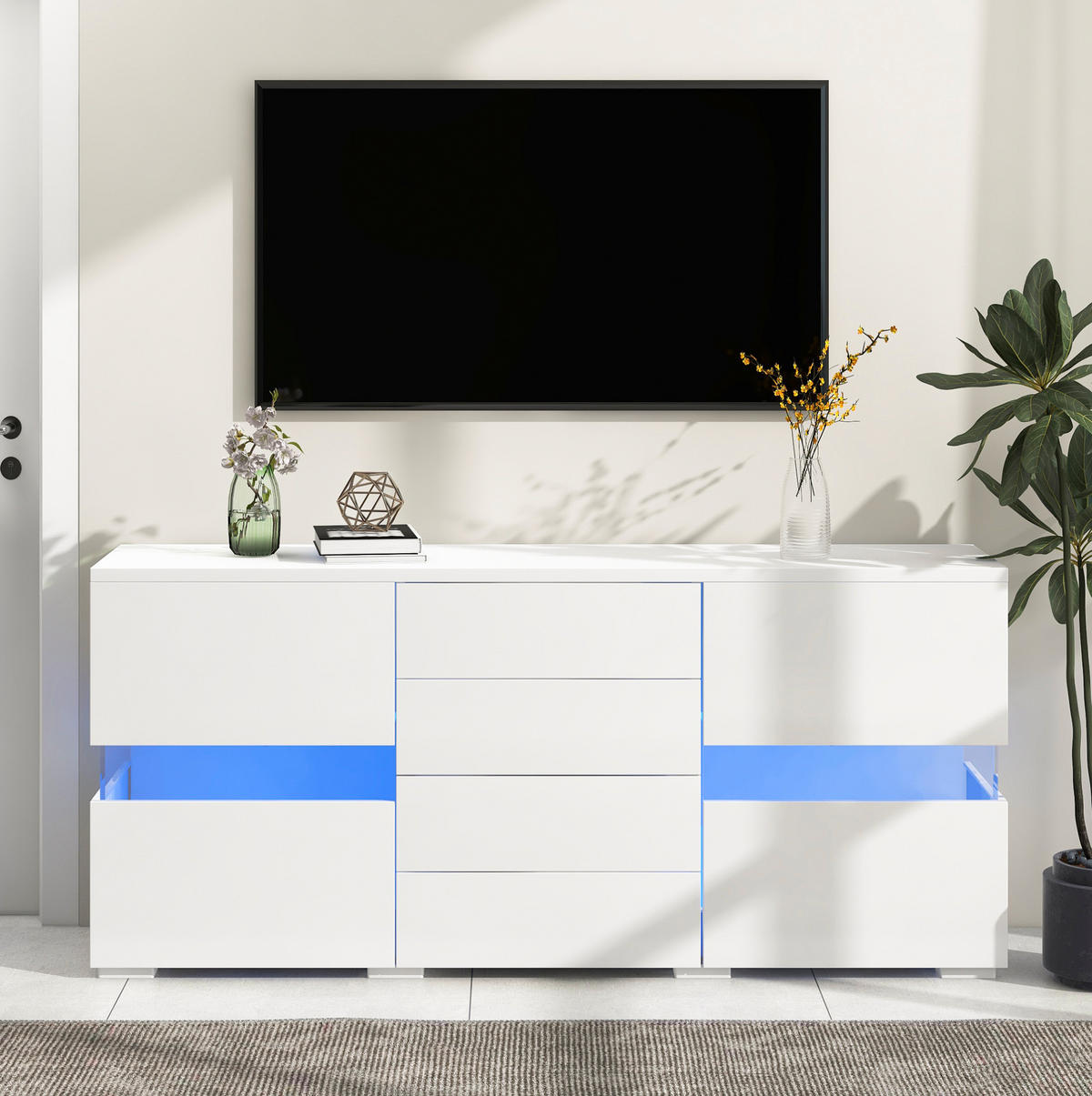 SIDEBOARD aus MDF 140x35x72 cm Weiß mit LED-Beleuchtung, 4 Schubladen und 2 Acryltüren - Weiß, Holzwerkstoff (140/72/35cm) - IVMEU