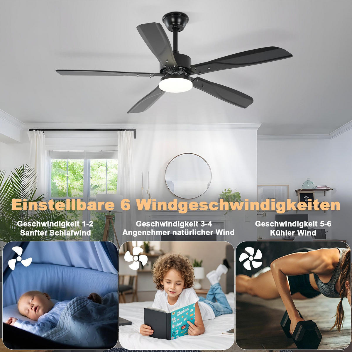 DECKENVENTILATOR BRILON Ⅲ 125/6/42 cm - Schwarz, Kunststoff (125/125/42cm) - Nettlife