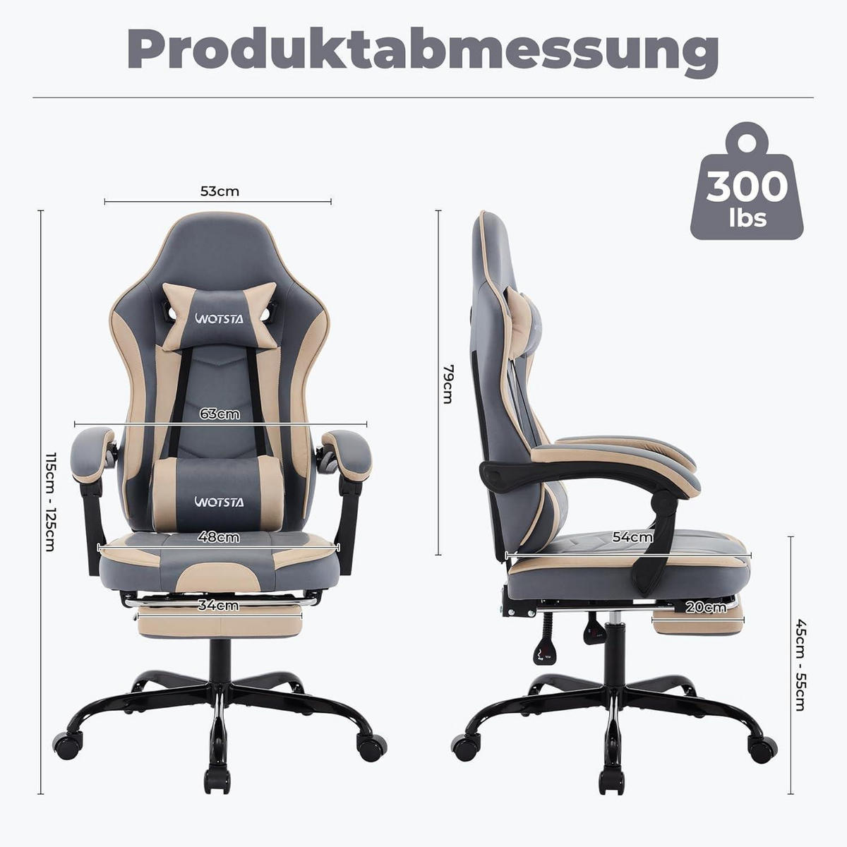 GAMING Chair Ergonomischer Bürostuhl mit Fußstütze BlauBeige - Multicolor, Kunststoff (48/125/53cm)