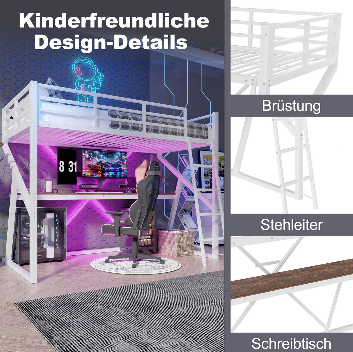 HOCHBETT 90/200 cm Weiß aus Metall und MDF mit LED-Leiste und Schreibtisch - Weiß, Metall (90/200cm) - OKMYHOME