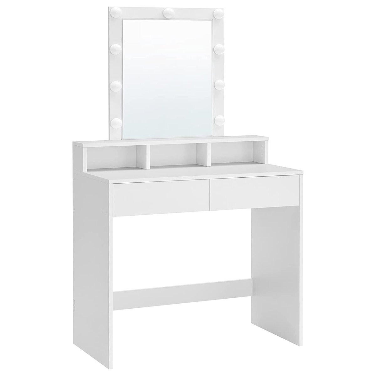 SCHMINKTISCH mit Glühbirnenspiegel und 2 Schubladen - L80 cm - Weiß, Glas (40/145/80cm) - Calicosy