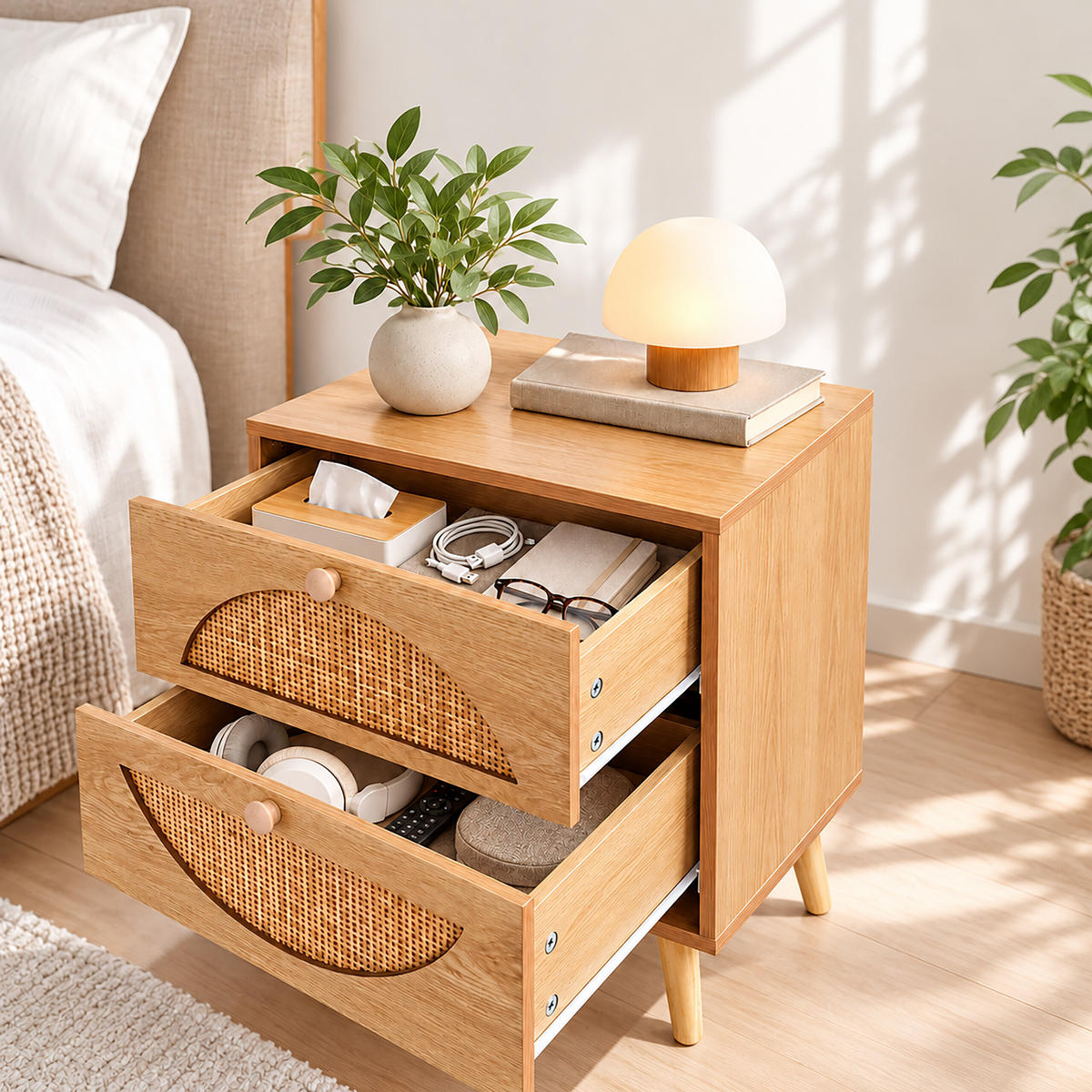 NACHTTISCH Natur Rattan 2 Schubladen - Hellbraun, Holz/Holzwerkstoff (40/52/35cm) - Relaxdays