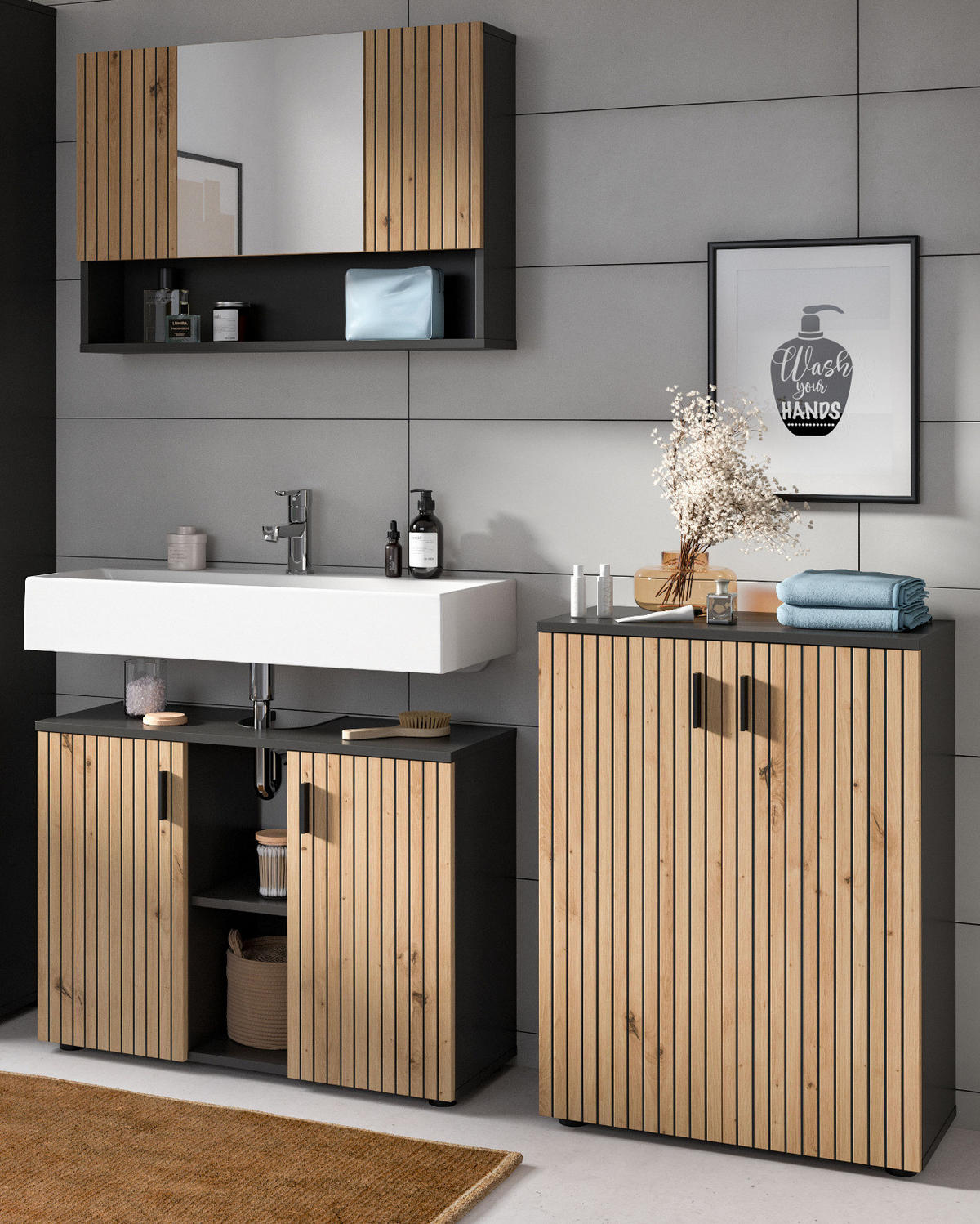 BADMÖBEL-SET Eiche, grau 3-teilig 155 cm, Badmöbel mit Rillen, Livia - Schwarz/Eiche Artisan, Glas/Holzwerkstoff (155/180/30cm) - Inn.Furn