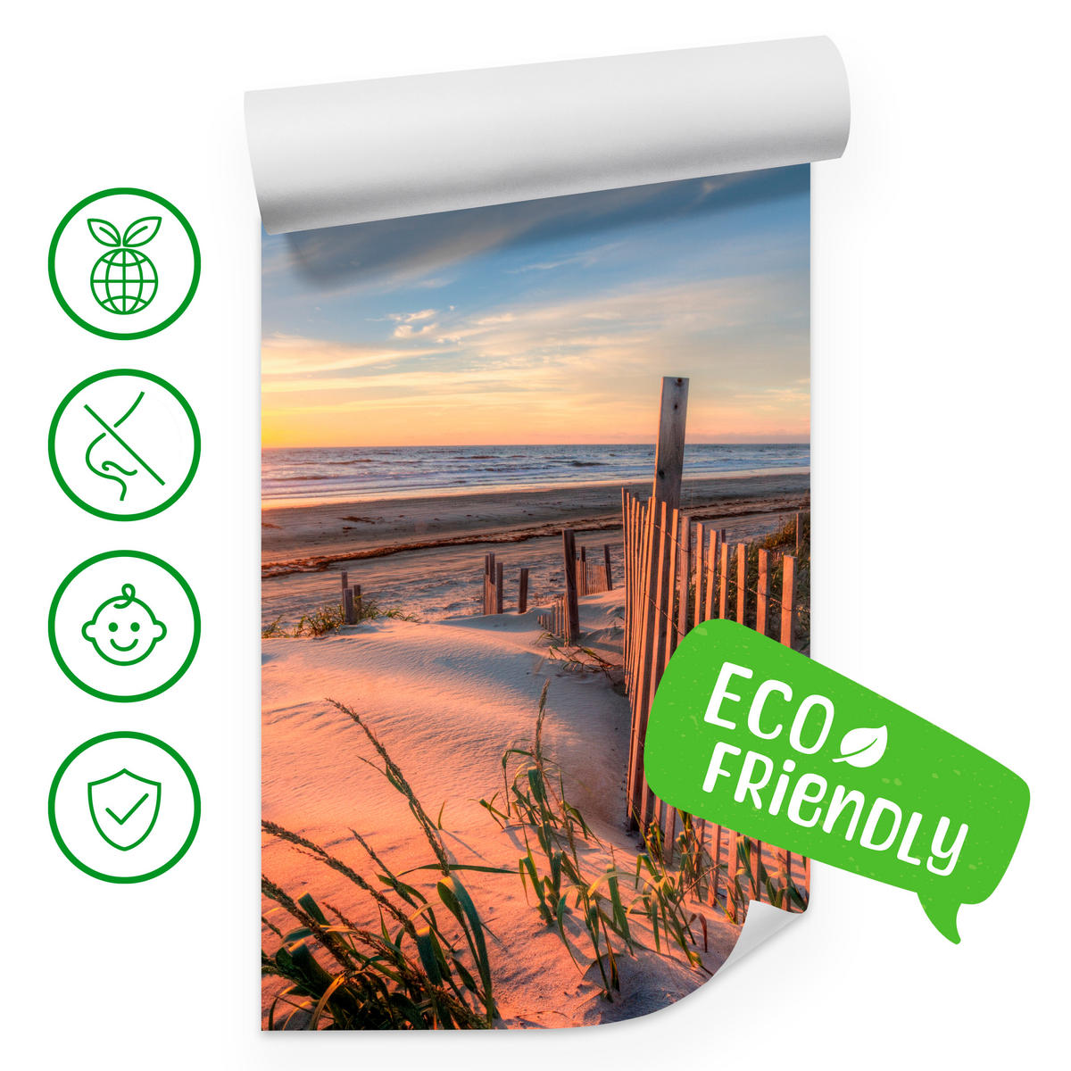 FOTOTAPETE für Wohnzimmer Sonnenaufgang Strand Meer Wellen Dünen 450x315 - Blau/Gelb, Papier (450/315cm) - Muralo