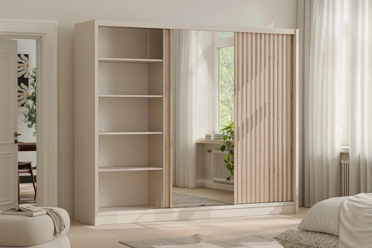 SCHWAEBETÜRENSCHRANK NEW YOURK LUX 250/215/61 cm in Kaschmir mit Lamellen und Spiegel - Kaschmir, Holzwerkstoff (250/215/61cm) - Deine Möbel 24