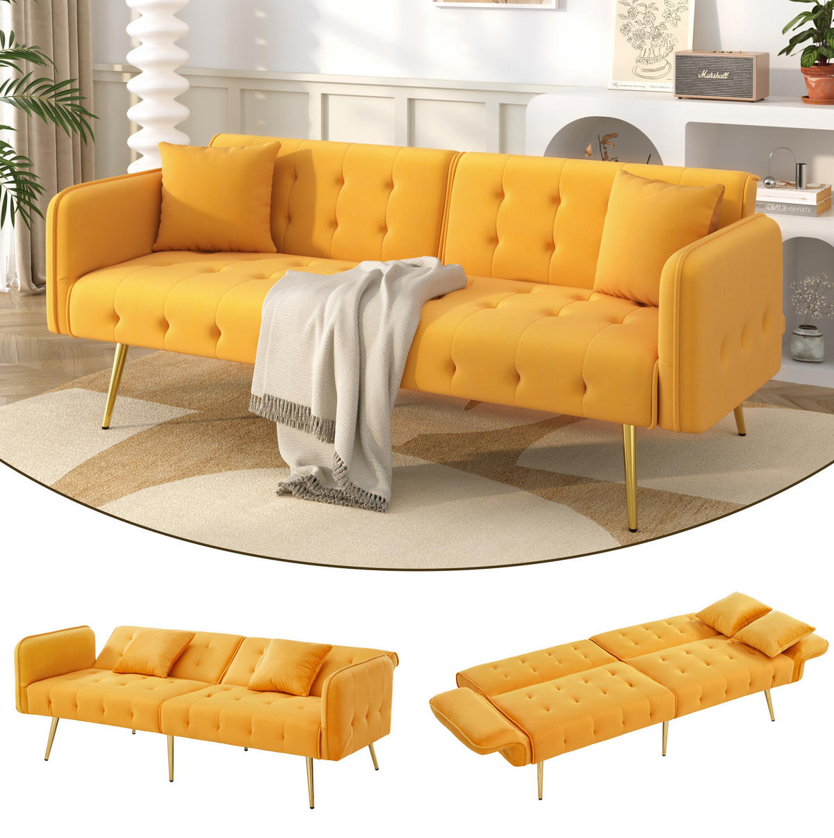 SCHLAFSOFA 215/81,5 cm Liegefläche – mit Veloursbezug und verstellbaren Armlehnen - Gelb, Textil (82/70/178cm) - BEAOK