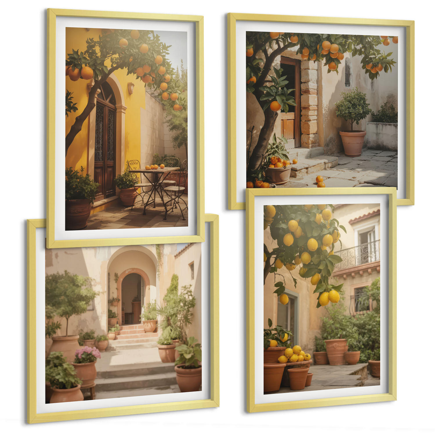 BILDER SET 4er Set - 50x50 cm & 40x60 cm Goldrahmen - Terrasse mit Zitrusbäumen - Goldfarben, Kunststoff (50/50cm) - TULUP