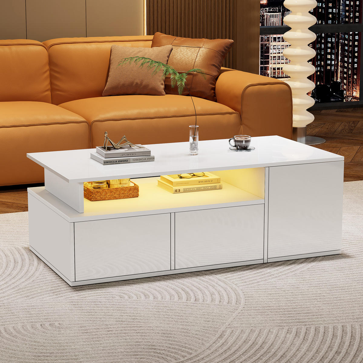 COUCHTISCH 100/50/35 cm in Weiß mit LED-Beleuchtung und 2 Schubladen - Weiß, Holzwerkstoff (100/50/35cm) - Flora Grace