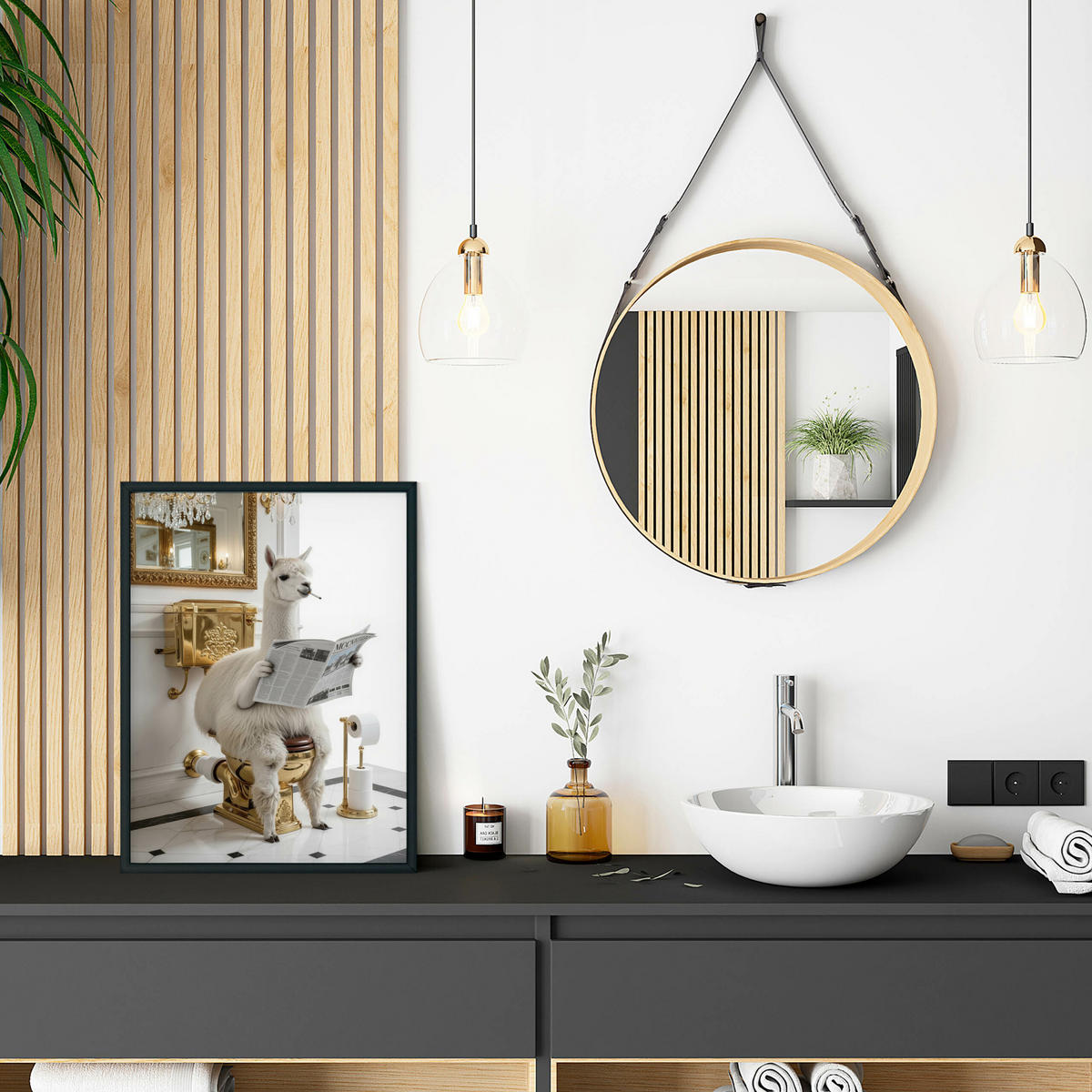 POSTER für Badezimmer WC LAMA mit Zeitung auf Toilette Glamour Abstraktion 50x70cm - Gelb/Beige, Papier (50/70/70cm) - Muralo