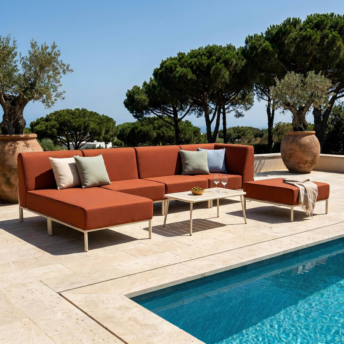 GARTENSOFA mit 5 Sitzplätzen, Terrakotta - Rot, Textil (153/78/360cm) - Oviala