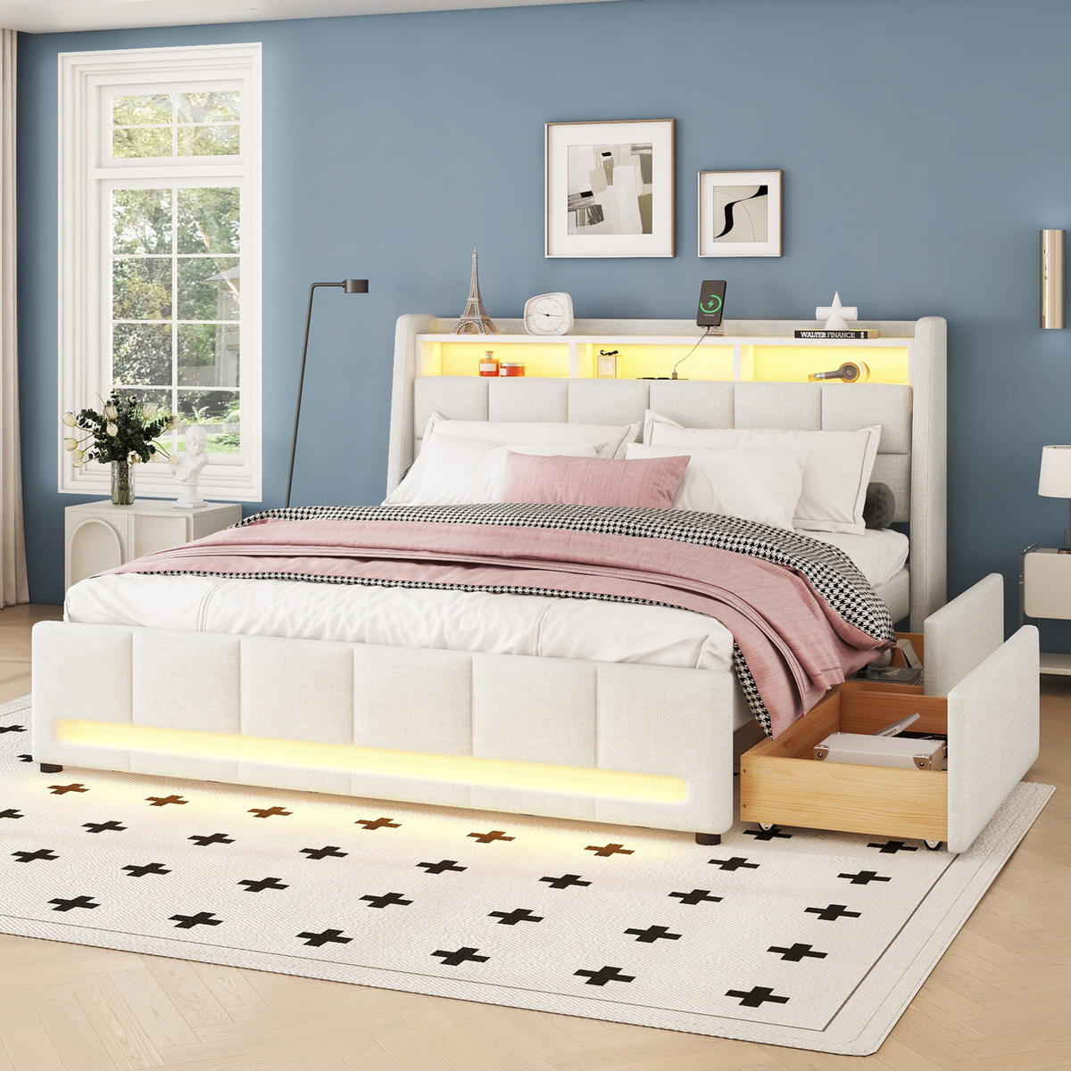 TAPECIRANI krevet 140/200 cm s LED osvjetljenjem, USB priključkom i ladicama, Beige - bež, tekstil (140/200cm) - Redom