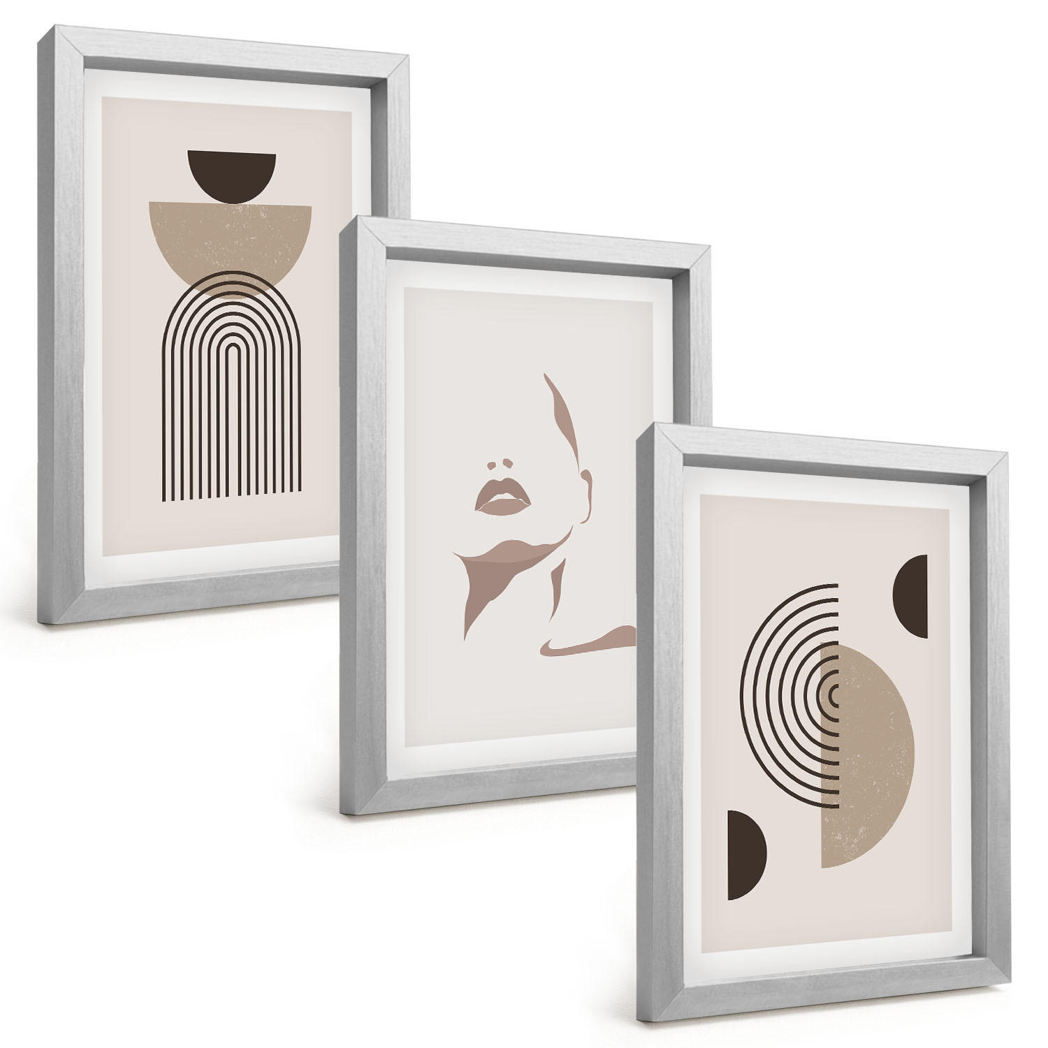 BILDER SET 3er Set - 20x30 cm Silberner Rahmen - Abstrakte Formen und Gesicht - Silberfarben, Kunststoff (20/30cm) - TULUP