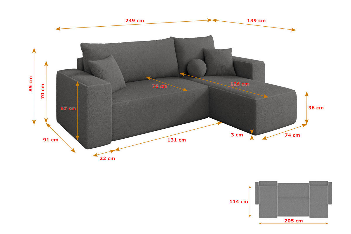 ROHOVÁ SEDAČKA s funkcí spaní, otoman vpravo SENO-L 249x139x85 šedá bouclé - šedá/černá, kompozitní dřevo/textil (249/139cm) - ALTDECOR