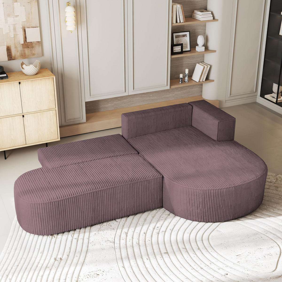 ECKSOFA CORTIO P R-S Lila Kordstoff mit Schlaffunktion - Lila, Holz (265/174cm) - MASSENO