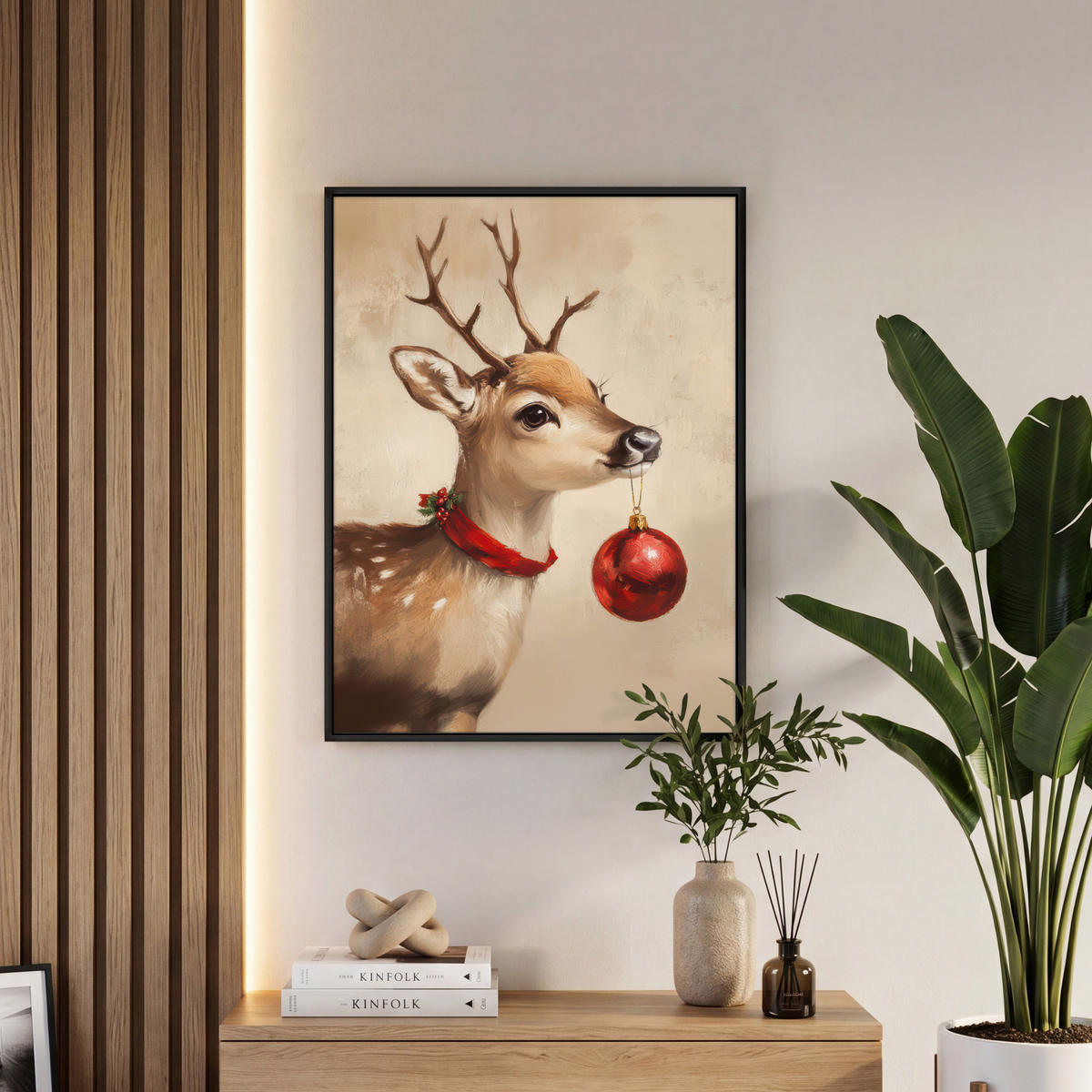 LEINWAND Bilder mit Rahmen - Weihnachten - Hirsch - Geweih - Weihnachtskugel - Rentier - 60x80 - Hellbraun, Textil (60/80cm) - MuchoWow
