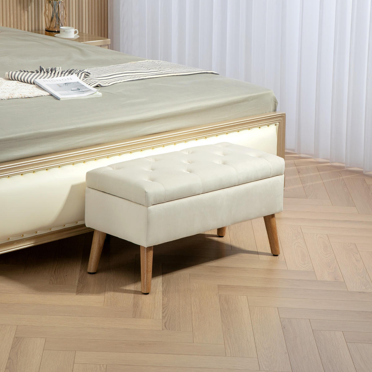 TRUHENBANK DE-16392 mit Stauraum und Samtbezug Creme - Creme, Textil (80/42/35cm) - ComfortXL