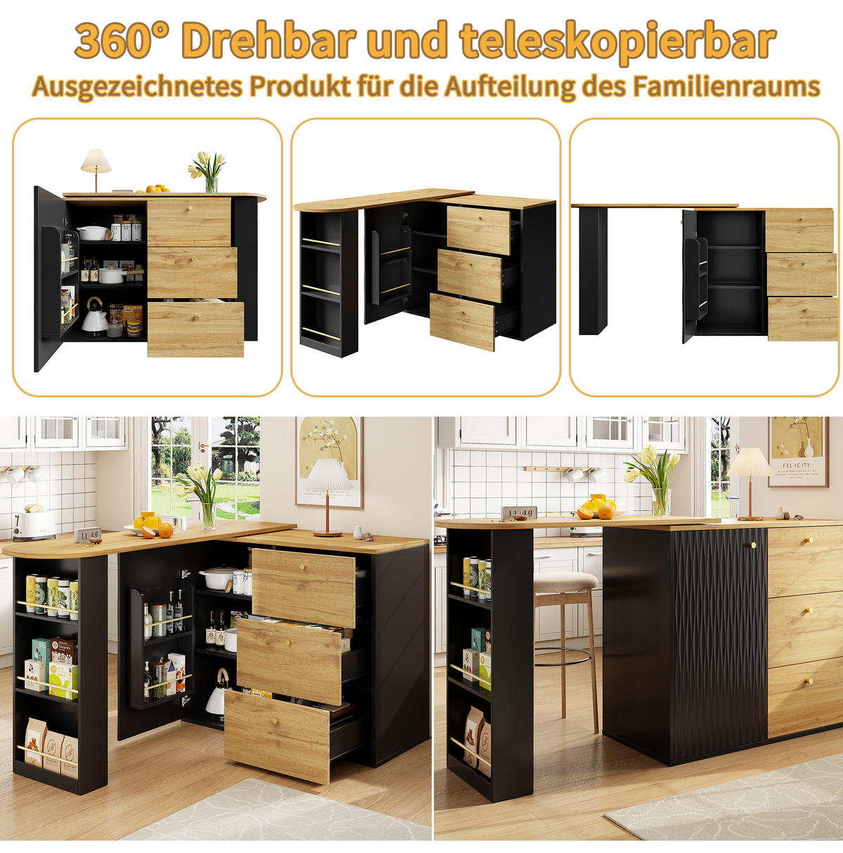 BARTISCH dreh- und ausziehbar 138-204 x 39 x 104 cm MDF Schwarz - Schwarz, Holzwerkstoff (39/104/204cm) - Meubliv