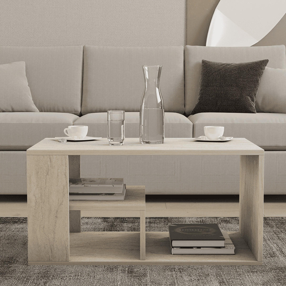 COUCHTISCH mit regalböden, travertin-dekor - eros 80/40/50 cm - Beige, Holzwerkstoff (56/40/50cm) - Calicosy