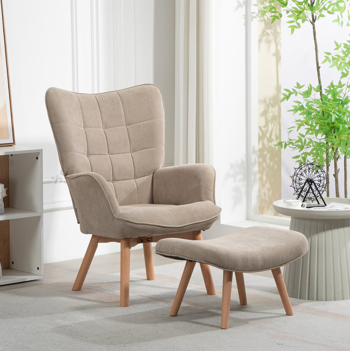 OHRENSESSEL mit Hocker 72/80/101 cm in Khaki mit Holzbeinen - Beige, Textil (72/101/80cm) - Flora Grace