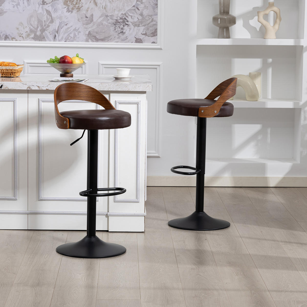 BARHOCKER 2er-Set drehbar mit PU-Sitz und Walnussholz, Braun - Braun, Kunststoff (42.5/77/42cm)