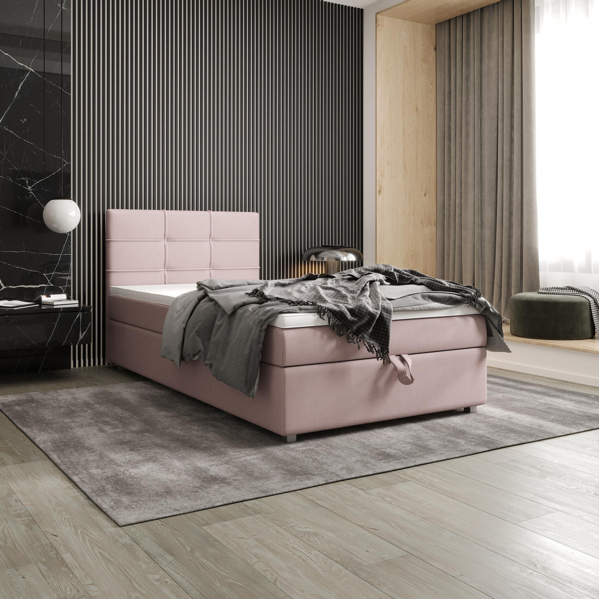 BOXBETT FADO 1 100x200, mit Matratze H3 und Topper, Cosmic 14 - Rosa, Holz/Kunststoff (100/200cm) - Bedante