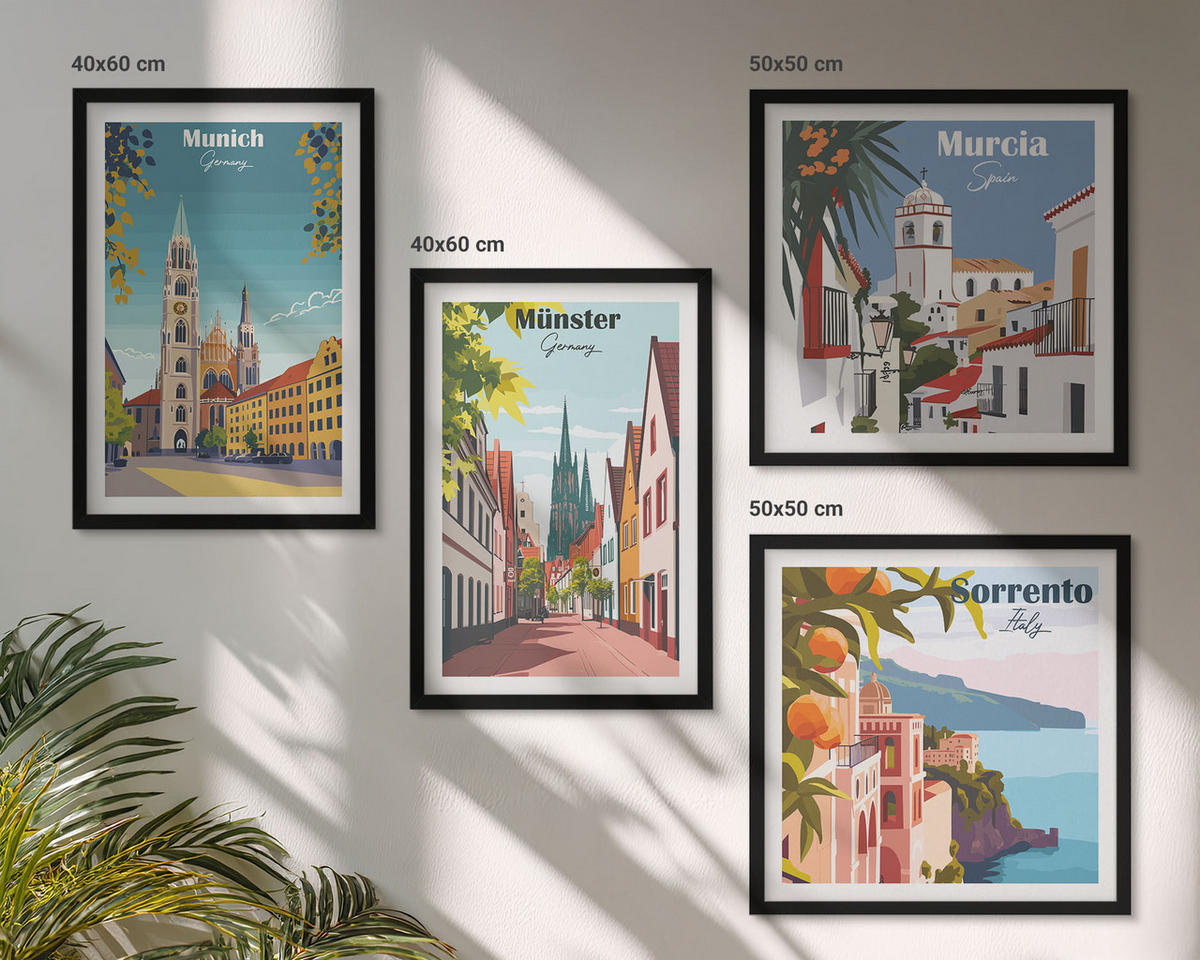 BILDER SET 4er Set - 50x50 cm & 40x60 cm Schwarzer Rahmen - Europäische Städte in farbigen Illustrationen - Schwarz, Kunststoff (50/50cm) - TULUP