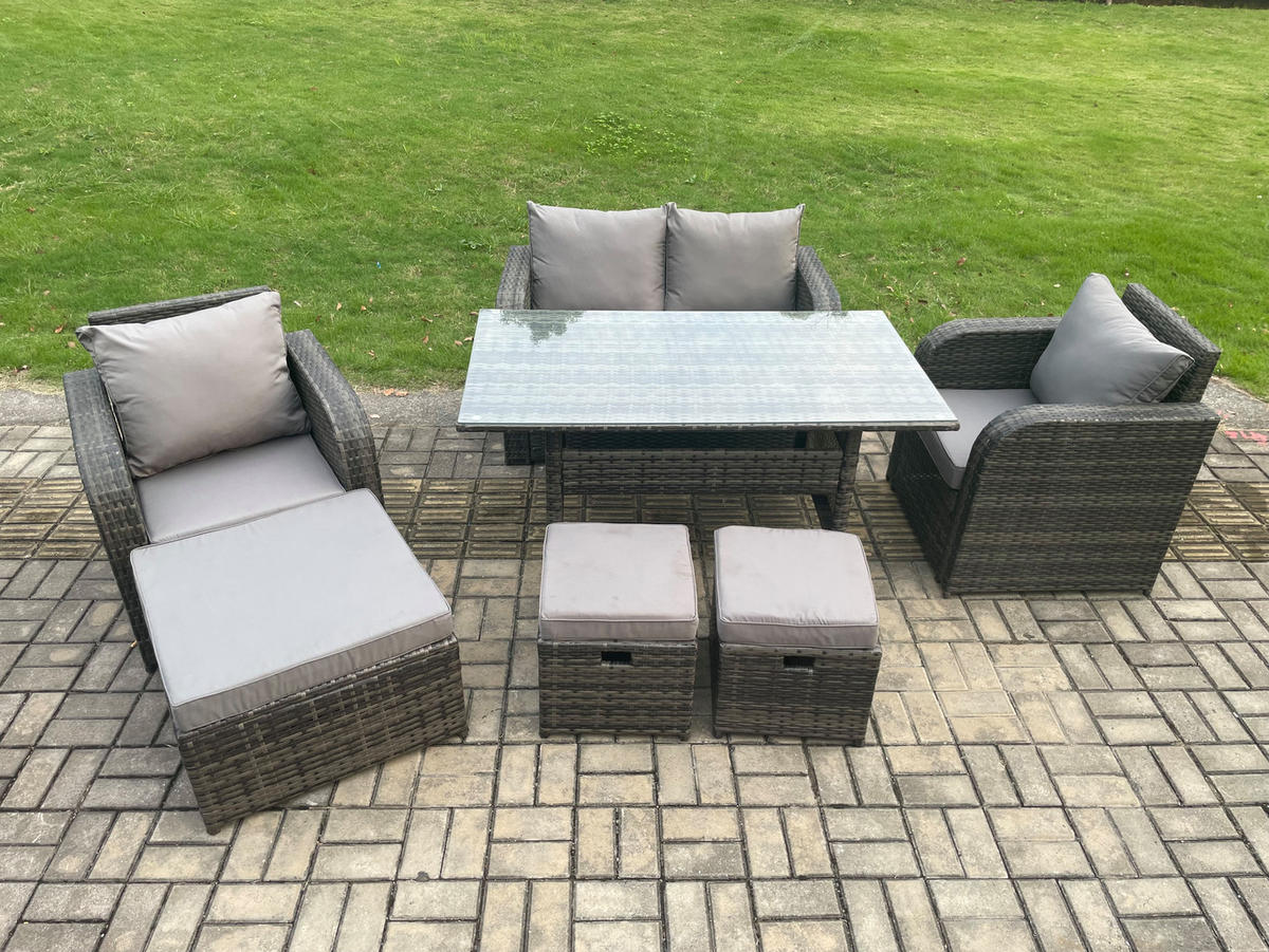 GARTENMÖBEL SET mit Hocker,Zweisitzer Polyrattan 7-Sitzer - Dunkelgrau/Grau, Glas/Kunststoff - Fimous