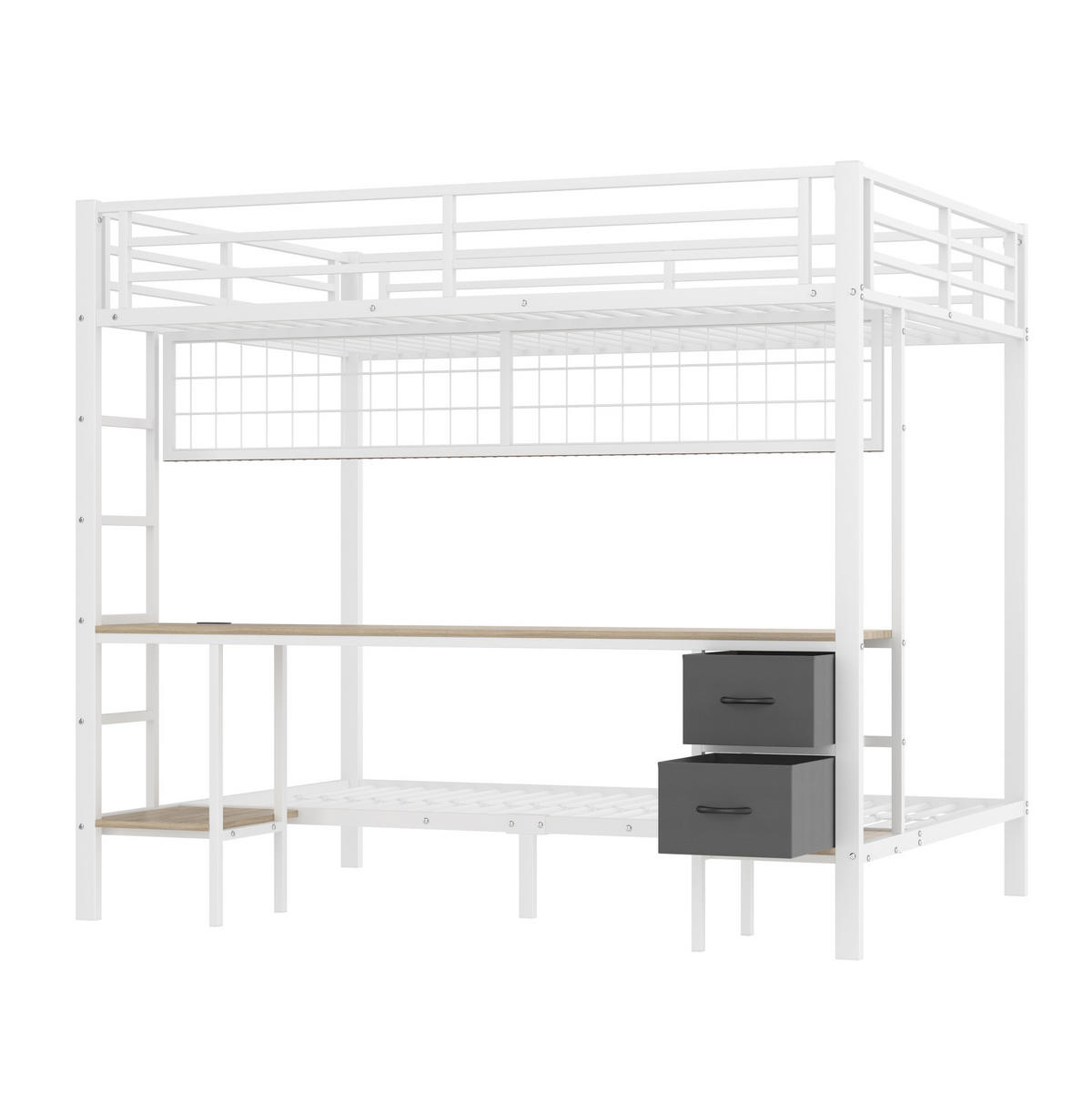 HOCHBETT 140/200 cm aus Metall/MDF mit Schreibtisch, Stauraum und LED-Leiste Weiß - Weiß, Metall (140/200cm) - Modenvie