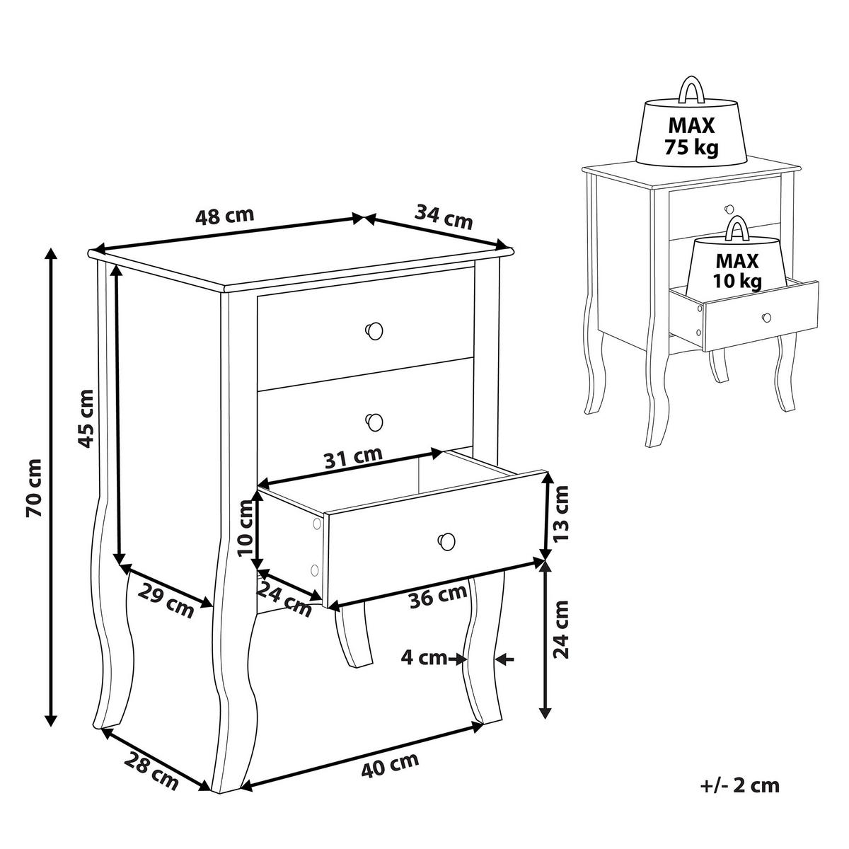 NACHTTISCH weiß 3 Schubladen Lane - Weiß, Holzwerkstoff (48/70/34cm) - Beliani