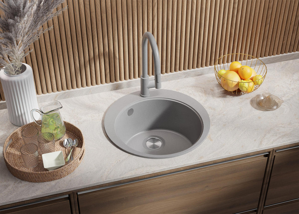 SPÜLBECKEN RUND Pisa, 2-er set Grau 50/50 cm 1 Becken + Ablauf-Set + Schneidebrett ab 45er Unterschrank - Beige/Grau, Kunststoff (50/20/50cm) - Primagran