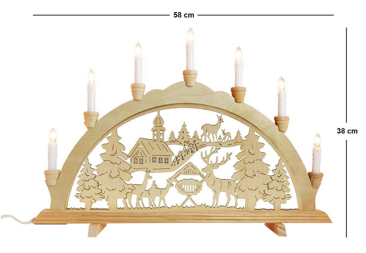 SCHWIBBOGEN Waldkirche und Rehe 7-flammig - Multicolor, Holz (0.1/1/0.1cm) - Dekoteam24