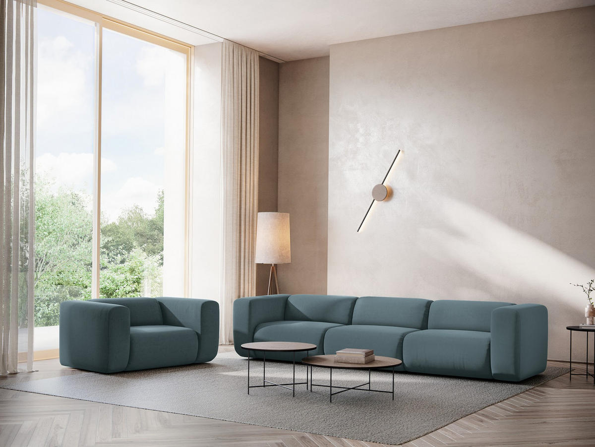 4-SITZER-SOFA Samt Stoff Blau - Blau/Petrol, Kunststoff/Textil (319/70/89cm) - Makamii
