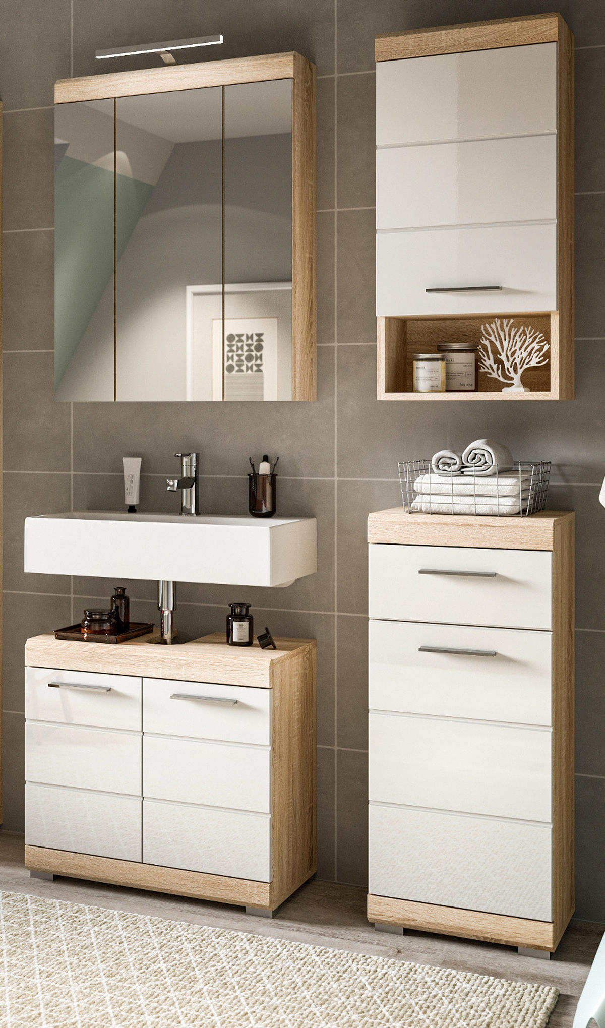 BADMÖBEL-SET weiß Hochglanz, Eiche 4-teilig 112 cm, Kombination mit viel Stauraum - Weiß Hochglanz/Eichefarben, Holzwerkstoff (112/191/34cm) - Inn.Furn