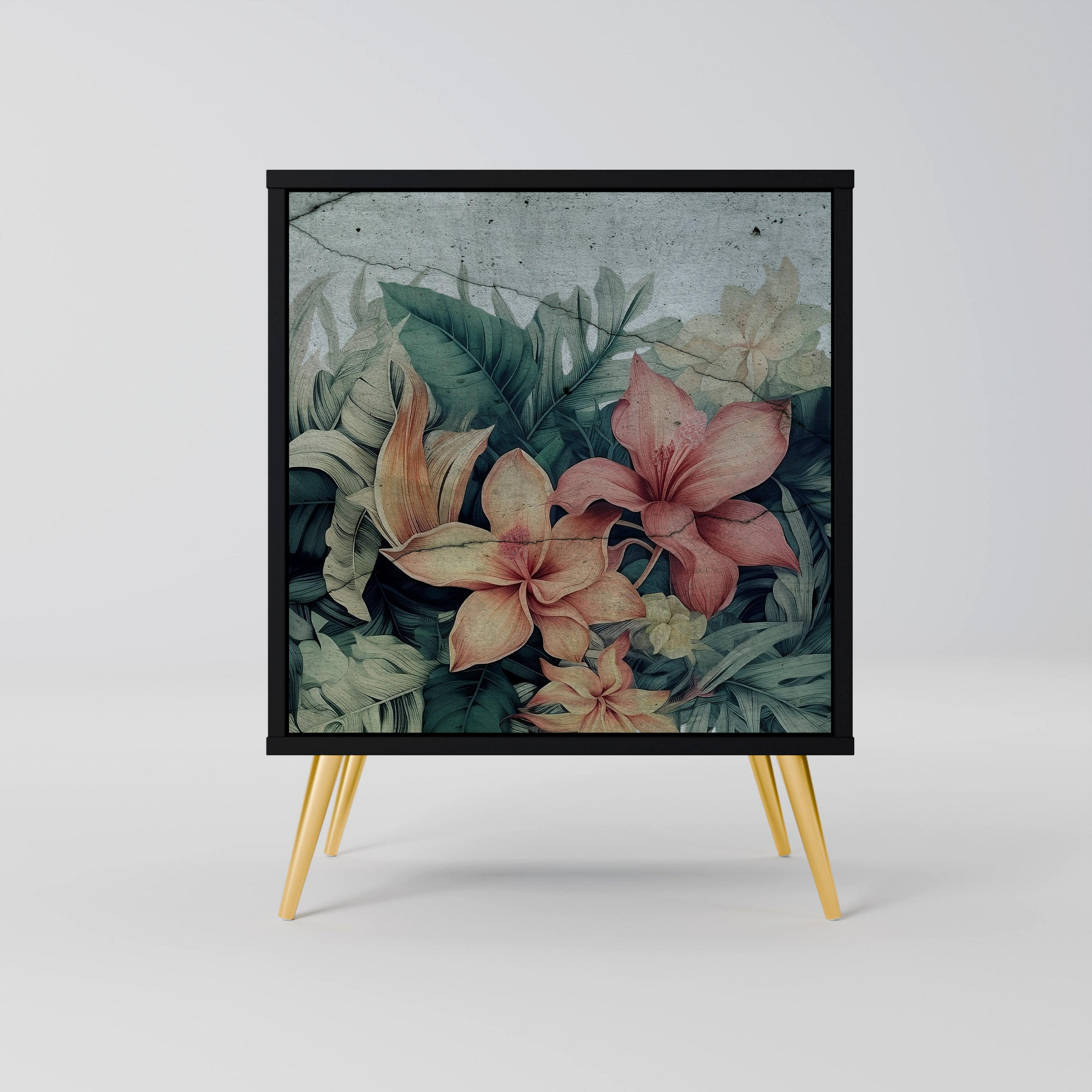 SIDEBOARD HEAVENLY BLOOM, Schwarz, 57,5x42x75,5 cm, Goldfarbene Metallfüße - Goldfarben/Multicolor, Holzwerkstoff/Metall (57.5/75.5/42cm) - SpaceRebels