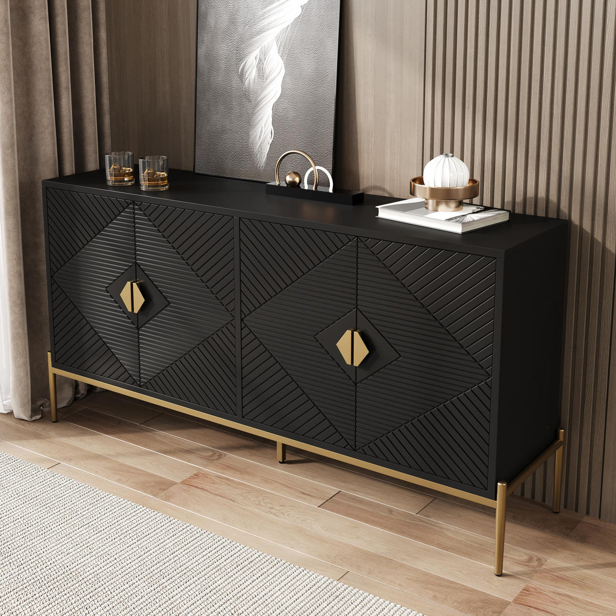 SIDEBOARD Schrank mit 4 Türen mit geometrischem Muster und Metallbeinen Schwarz Gold 162/40/80 cm - Goldfarben/Schwarz, Holzwerkstoff/Metall (162/80/40cm) - EVRYAE