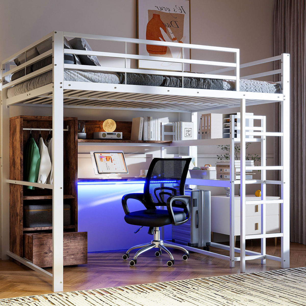 HOCHBETT 140/200 cm aus Metall und MDF mit Schreibtisch, Stauraum und LED-Beleuchtung Weiß - Weiß, Holzwerkstoff (140/200cm) - Modenvie