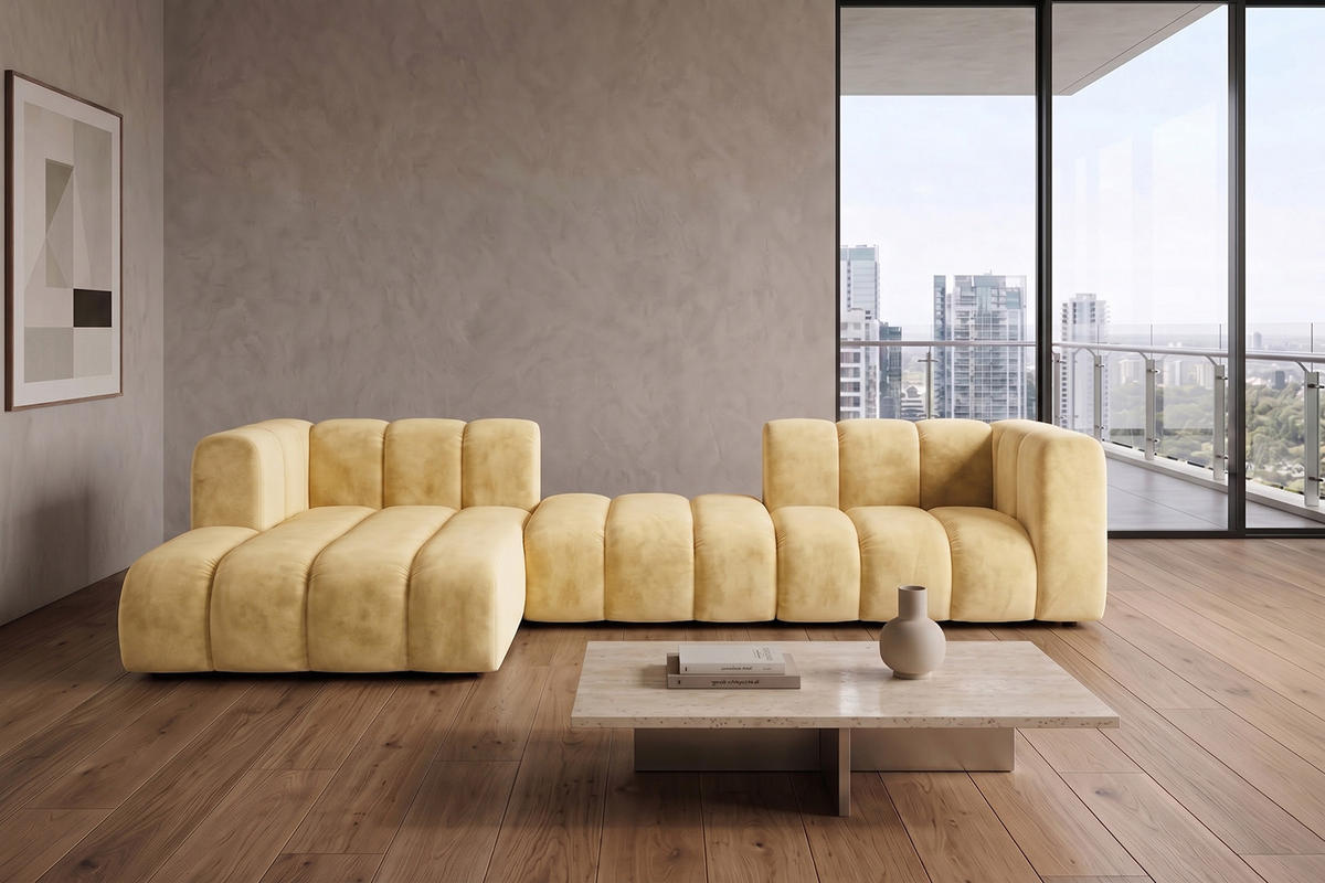 ECKSOFA Modulares In L-Form, Velvet-Stoff Riviera, Buttergelb, Links, GRAND 319 cm - Hellgelb, Holz (319/175cm) - Kaiser Möbel