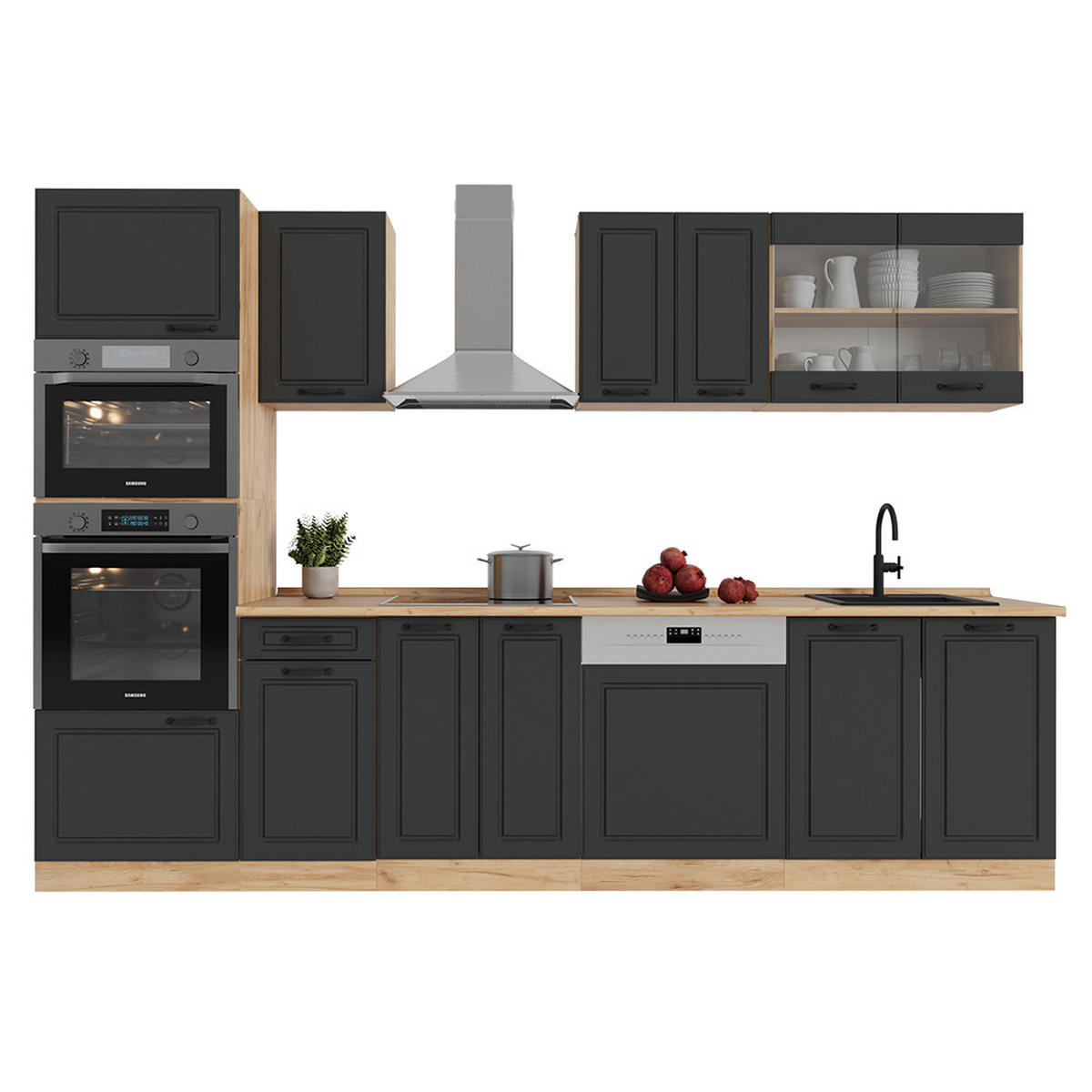 KÜCHENZEILE R-Line Anthrazit Landhaus/Goldkraft Eiche 300 cm mit Hochschrank, ohne Arbeitsplatte - Honigeiche/Anthrazit, Holzwerkstoff (300/81.6/46cm) - Vicco