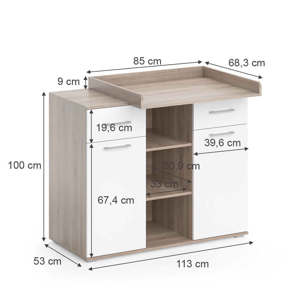 Thumbnail - Vicco Wickelkommode, Sonoma Eiche, Braun, Holzwerkstoff, 9 Fächer, 2 Schubladen, Rechteckig, 113x109x70 cm, Babymöbel, W...