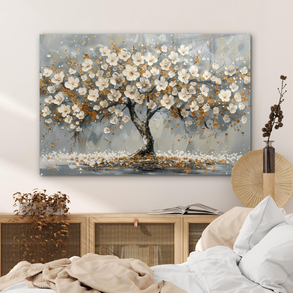 ACRYLGLASBILD Baum - Blumen - Weiß - Natur - Kunst 90x60 cm - Weiß, Glas (90/60cm) - MuchoWow