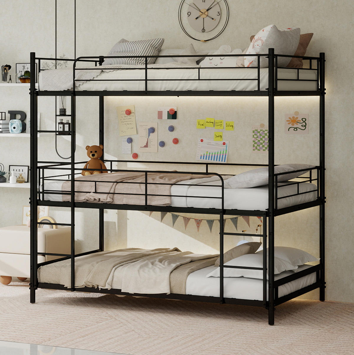 DREIFACH-ETAGENBETT 90/180 cm schwarz aus Metall mit Leitern und Geländer - Schwarz, Metall (90/190cm) - OKWISH