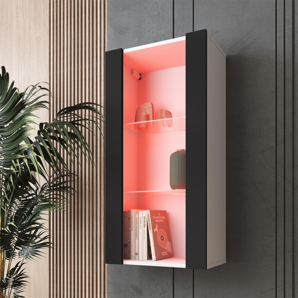 HÄNGEVITRINE TIVOLI Vertical 100, Schwarz, LED Mehrfarbige - Schwarz/Weiß, Glas/Holzwerkstoff (50/100/29.5cm) - Komodee