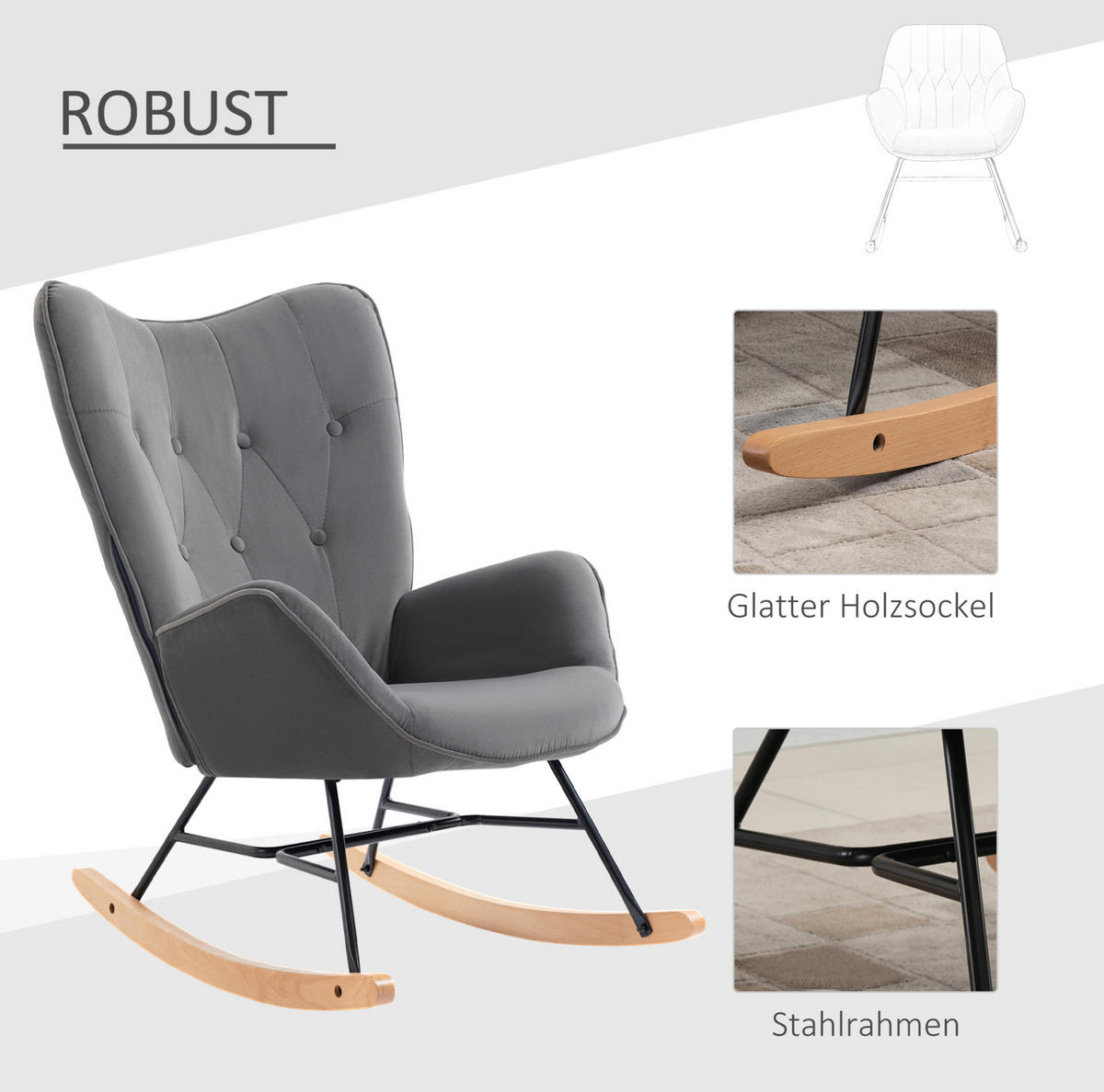 SESSEL 65/70/96 cm, Schaukelstuhl mit hoher Rückenlehne, gepolstert, Samtoptik, dunkelgrau - Dunkelgrau, Kunststoff (70/96/65cm) - Redom
