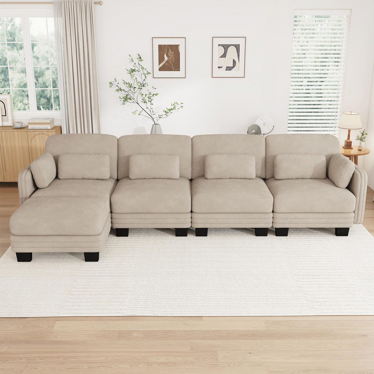 ECKSOFA 4-Sitzer L-Form mit Ottomane und Kissen, DE-42686, Hellbraun - Hellbraun, Holz (330/143cm) - ComfortXL