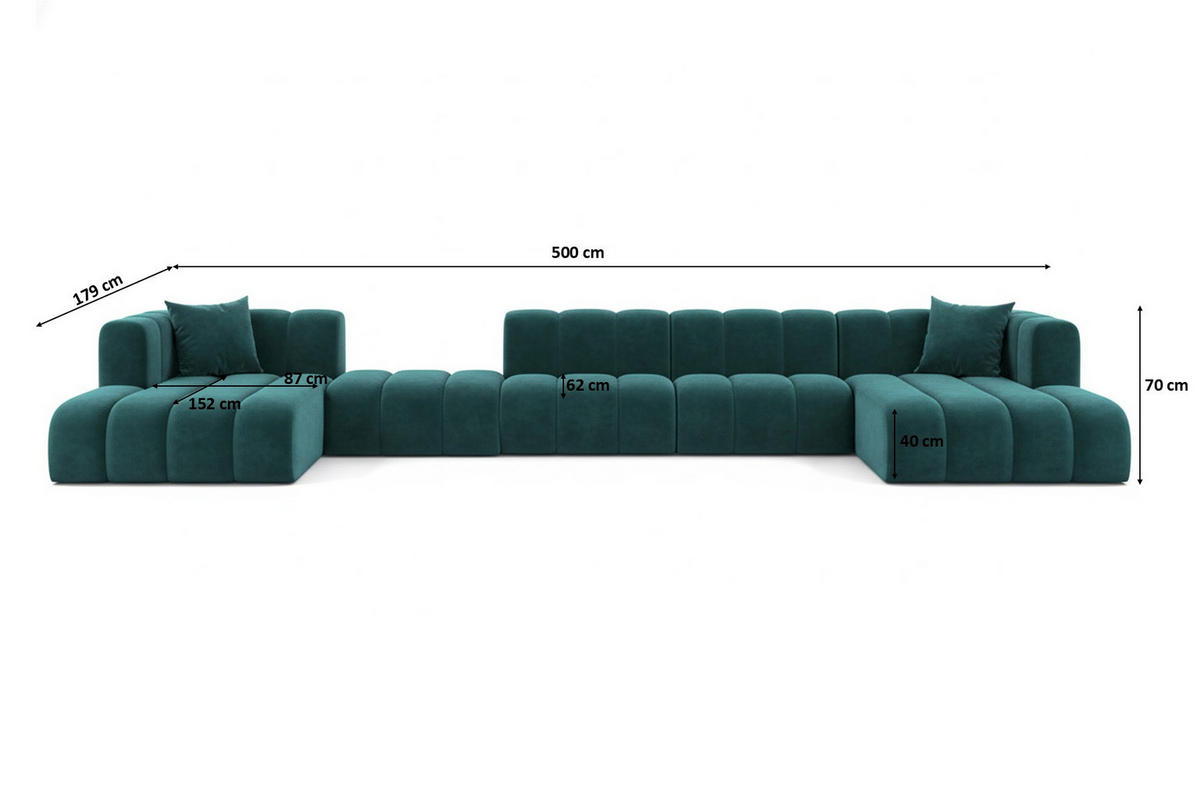 ECKSOFA U-Form Grand U Big XL 500 cm, Velourstoff Salvador, Azurblau - Blau, Holz (500/179cm) - Kaiser Möbel