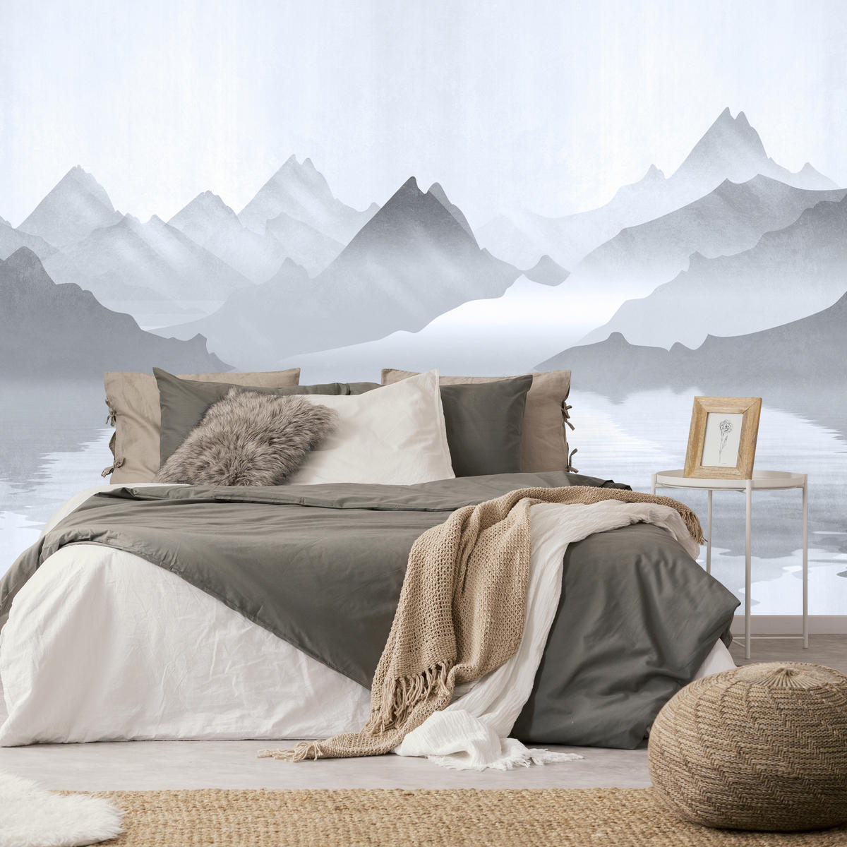 FOTOTAPETE für Wohnzimmer Aquarell Graue Berge See 400x280 - Weiß/Grau, Papier (400/280cm) - Muralo