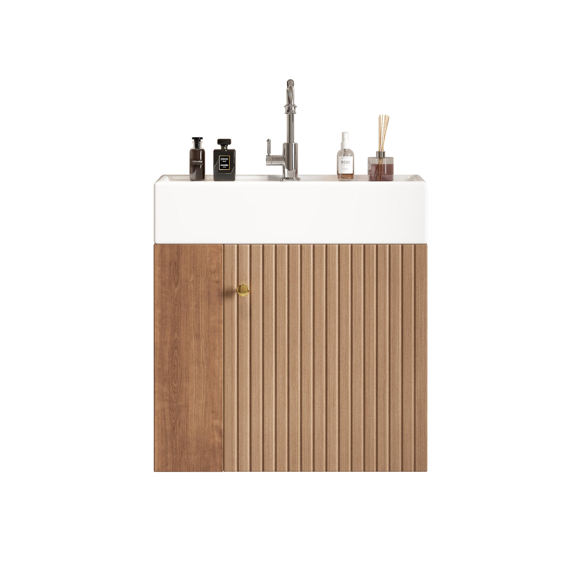 WASCHBECKENUNTERSCHRANK 55/31/66 cm braun aus MDF mit Keramikbecken und Soft-Close - Braun, Holzwerkstoff (55/66.5/31cm) - OKWISH